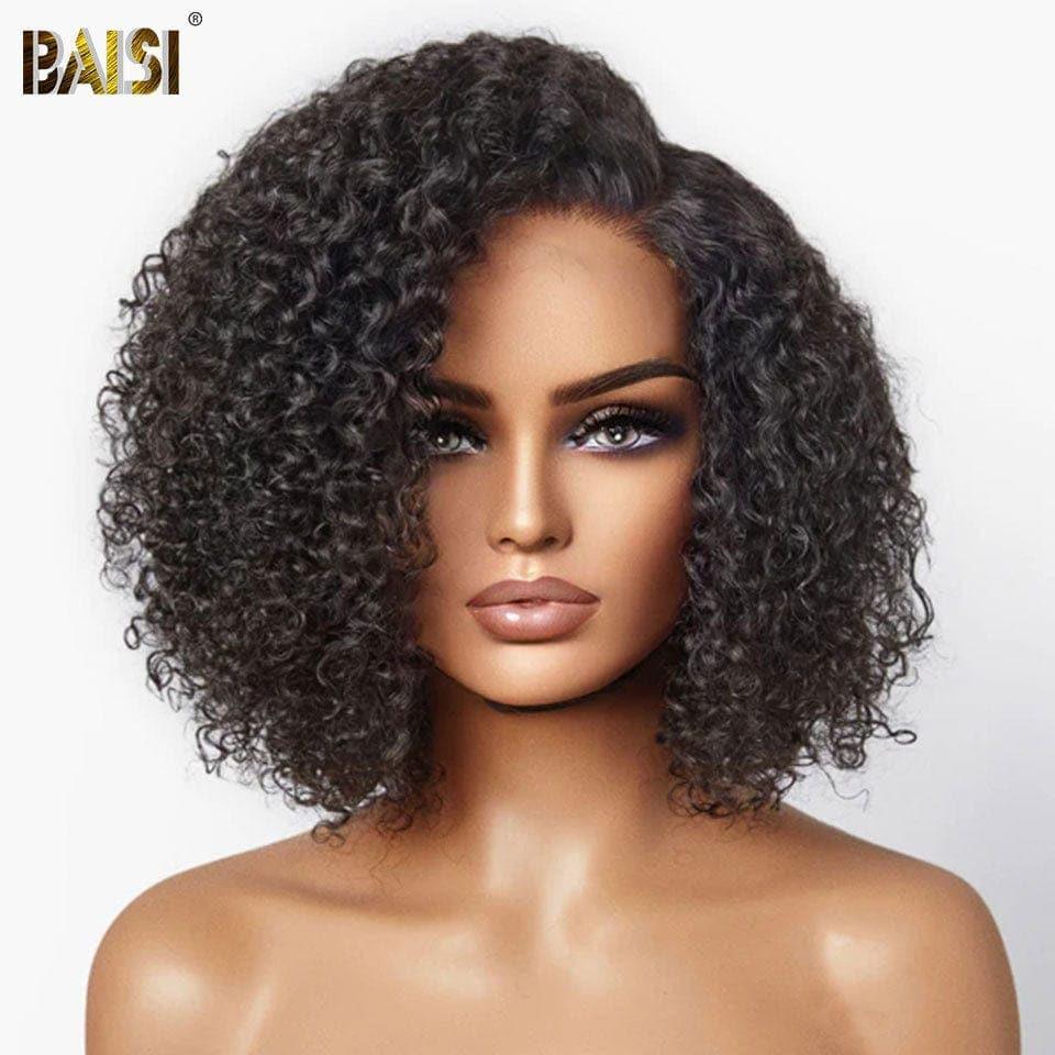 BAISI 13x4 Bob Curly Wig 14 Inch 135€ in Black No-Glue Lace Pre-Cut Easy to Wear in 100% Human Hair D
