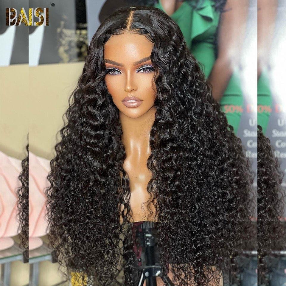 BAISI 13x6 Frontal Wig Curly Pre-Plucked No Glue Needed in 100% Raw Hair Lace Already Cut B