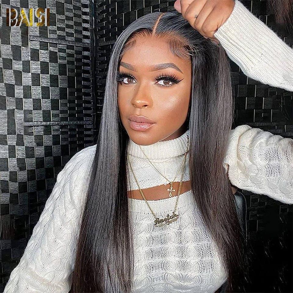 BAISI 13x6 Frontal Straight Wig Pre-plucked No Glue Needed 100% Raw Hair Lace Pre-cut B