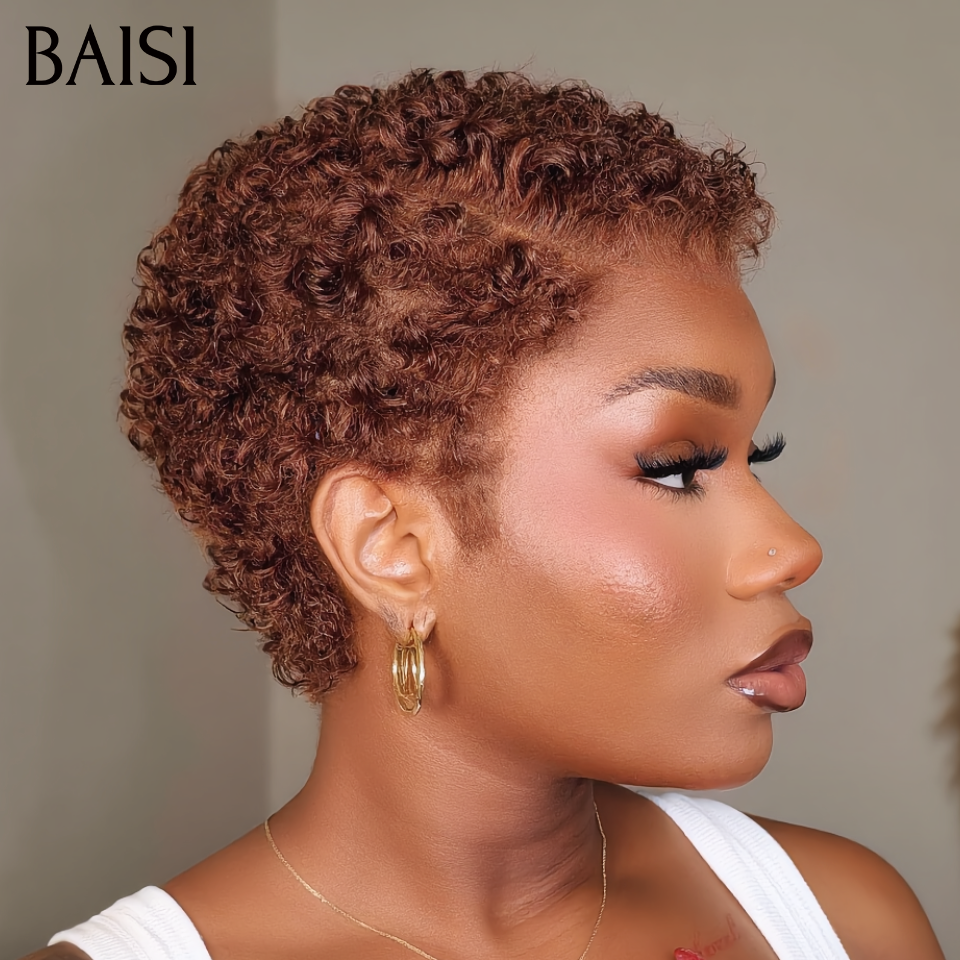 BAISI 13x4 LAce Pixie Afro Curly Couleur Marron 4# 66€ Petite Coupe Elégante et Charmante Pour l'Eté En 100% Cheveux Humains