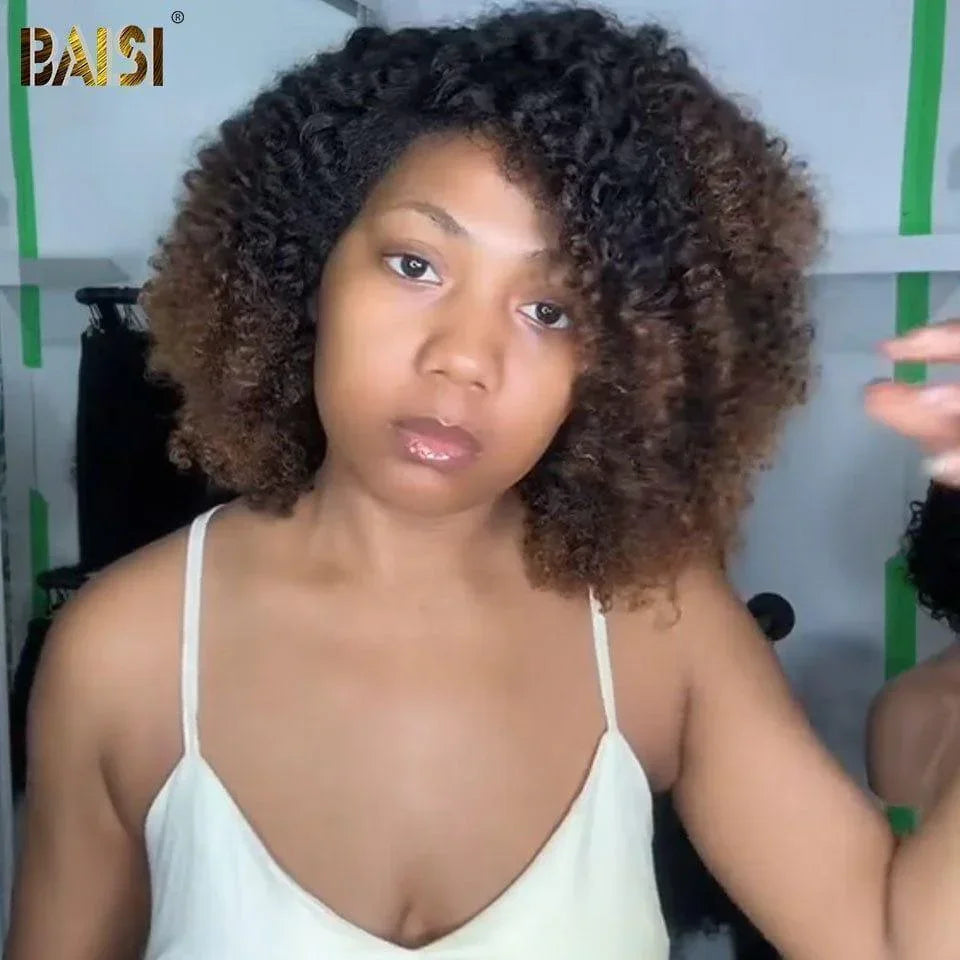 BAISI 13X4 Perruque Afro Curl 14 pouces en couleur Noir Marron #1BT4# Pré-plucked Pas Besoin de Colle en 100% Raw Hair Lace déjà couper