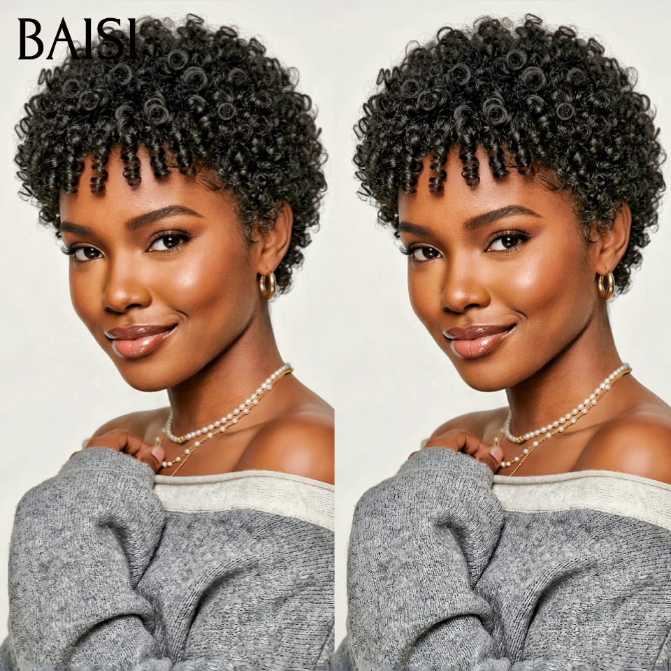 Perruque pixie Facile à porter curly wave en NOIR Moitié Prix 58€ en 100% Cheveux Humains