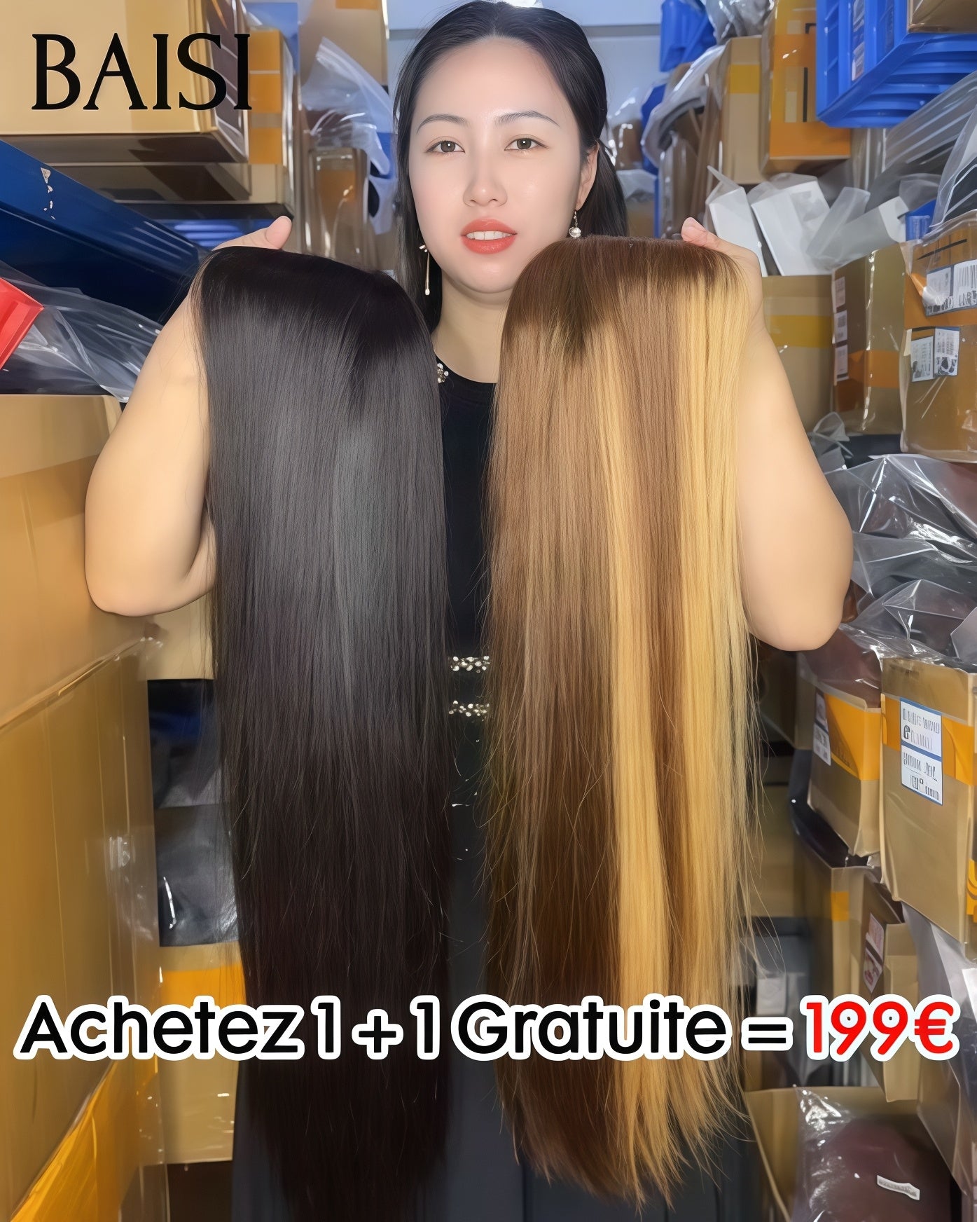 BAISI Achetez 1 + 1 Gratuite = 199€ 13X4 lace frontal Lisse 20 Pouces en couleur Mixte et 4x4 lace closure NOIR Lisse Perruque en 100% vrais cheveux humains