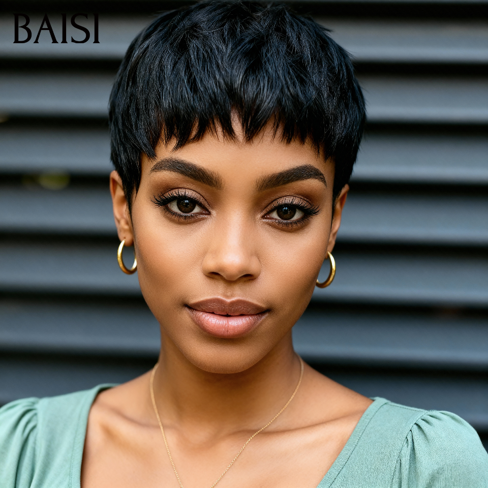 BAISI Perruque Pixie lisse En Couleur noir sans lace en 100% Cheveux Humains en Mèche Indian Brésilien