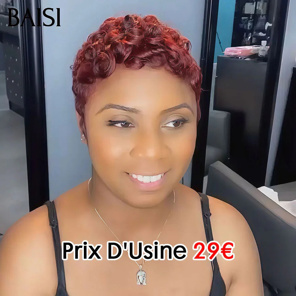 BAISI Acquista almeno 2 parrucche al prezzo di fabbrica fornitore parrucca pixie realizzata a macchina 99J# finger wave o 13x4 frontale parrucca bob liscia Enmarron 4# taglio carré in 100% capelli umani veri (Non serve codice)