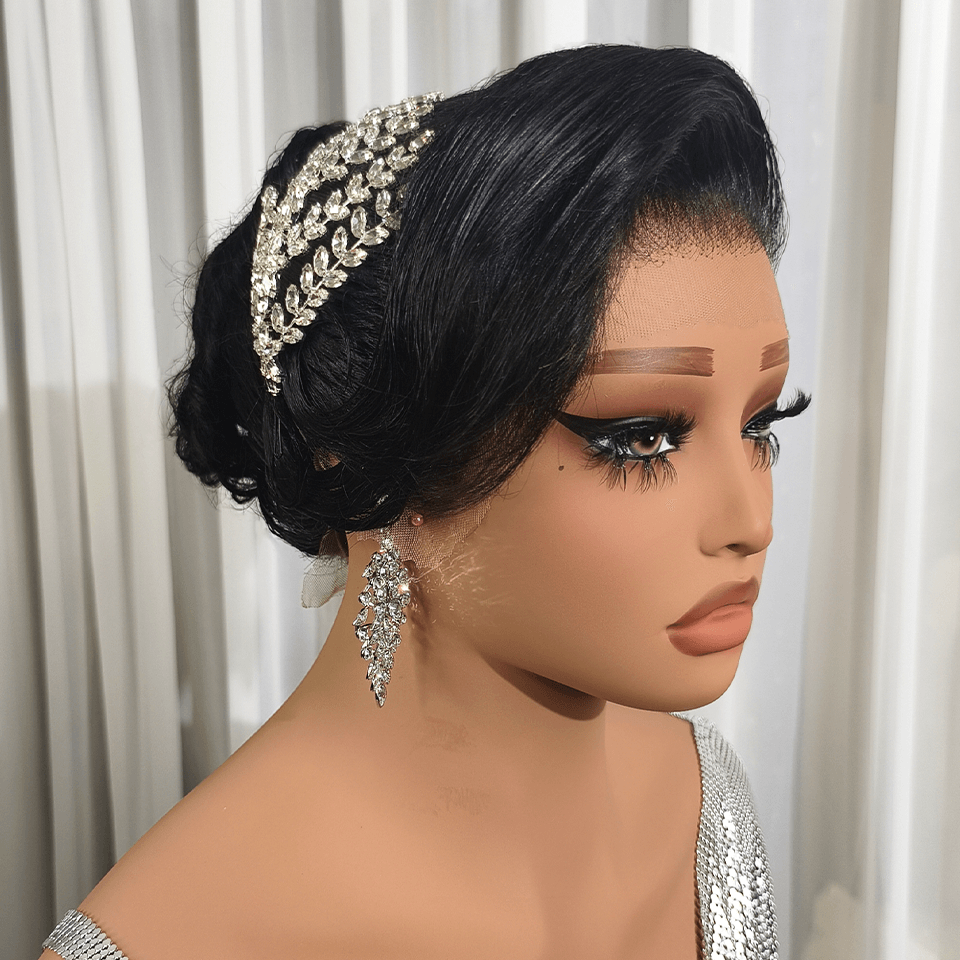 BAISI Coiffure de luxe Audrey Perruques Mariage noir Prête à porter chignon et personalisation comme sur la vidéo 100% identique avec lace frontale événement spécial