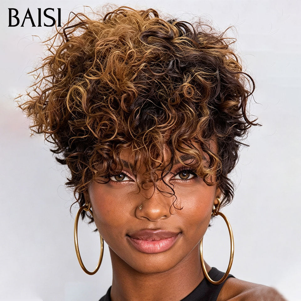BAISI 5X5 Parrucca pixie riccia onde Colore Miele con Radice Marrone 4T27# 99€ in 100% Capelli Umani