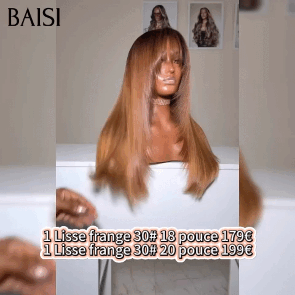BAISI Perruque Lisse avec Frange 30# miel ou Bouclée curly Wave avec Frange 18 Pouces 300% densité en Couleur marron en 100% Cheveux Humains