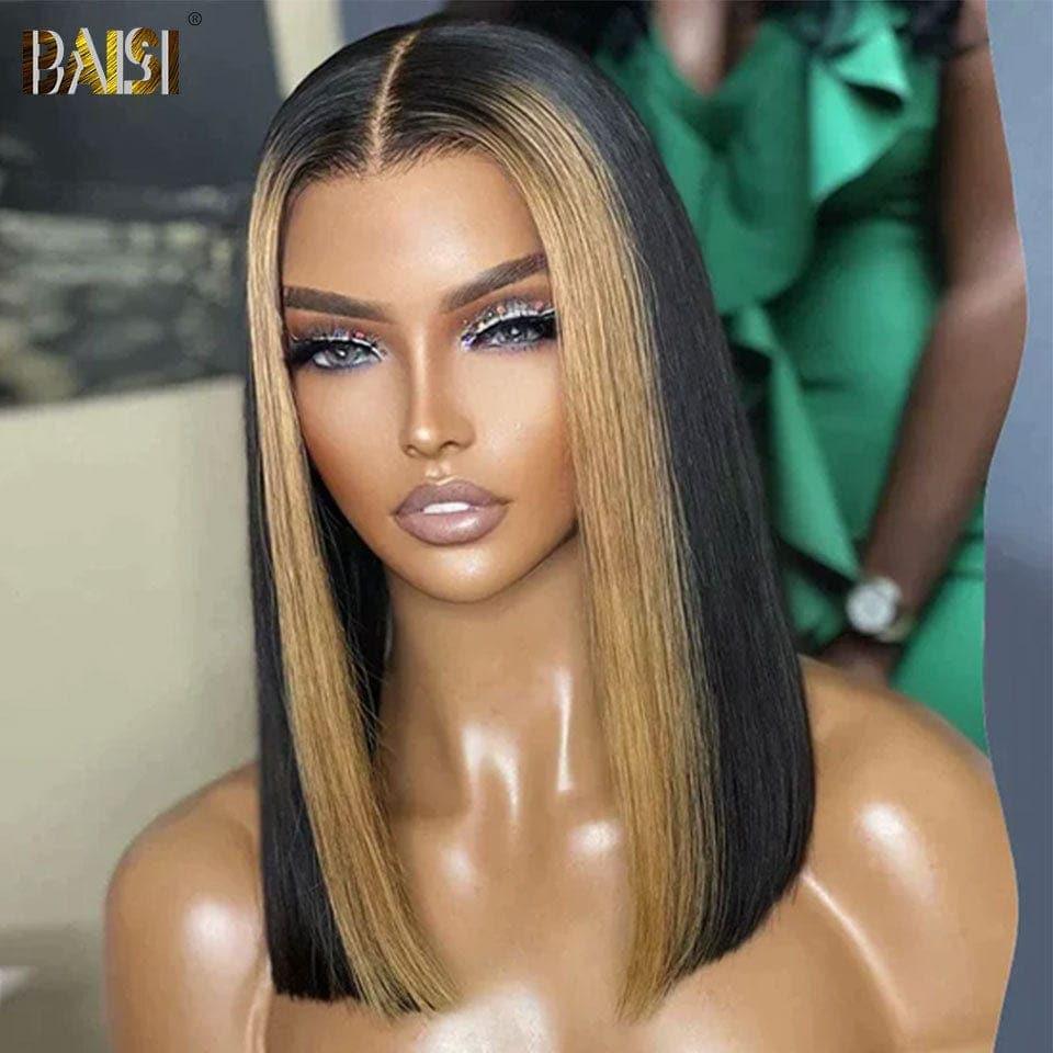 BAISI 13X4 Straight Bob Wig In color #1B#27 strands Pre-plucked No Glue Needed in 100% Raw Hair Lace already cut