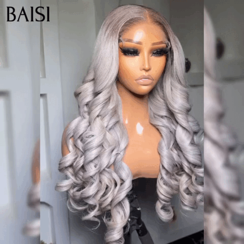 BAISI Collection Poivre et Sel 13x4 Perruque Body Wave Sans Colle en couleur gris Pré-plucked Pas Besoin de Colle en 100% Raw Hair Lace déjà couper