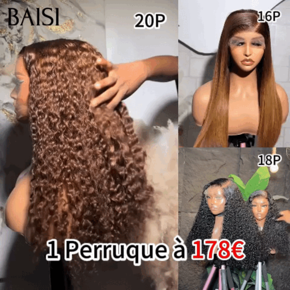 BAISI 3 Perruques pour revendre 559€ 13X4 curly et Lisse en 3 couleur NOIR et Marron et miel 4T27# en 100% vrais cheveux humains