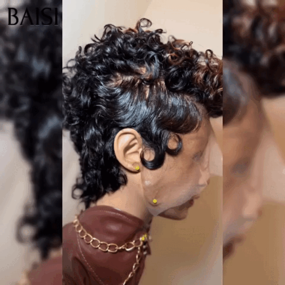 BAISI Wavy Wig Pixie Cut Full Lace Finger Wave small cut in Black Color in 100% human hair BS50