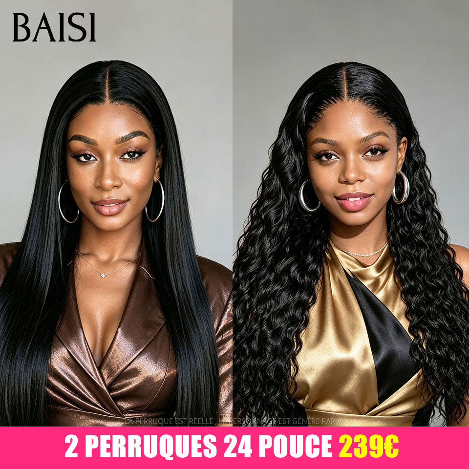 BAISI 2 Perruques 100% Raw Hair Noir Lisse + Curly 24 pouces et/ou 30pouces Très Longues 200% densité Qualité Top Grade en 100% Cheveux Humains Reçu 48H TVA 0€