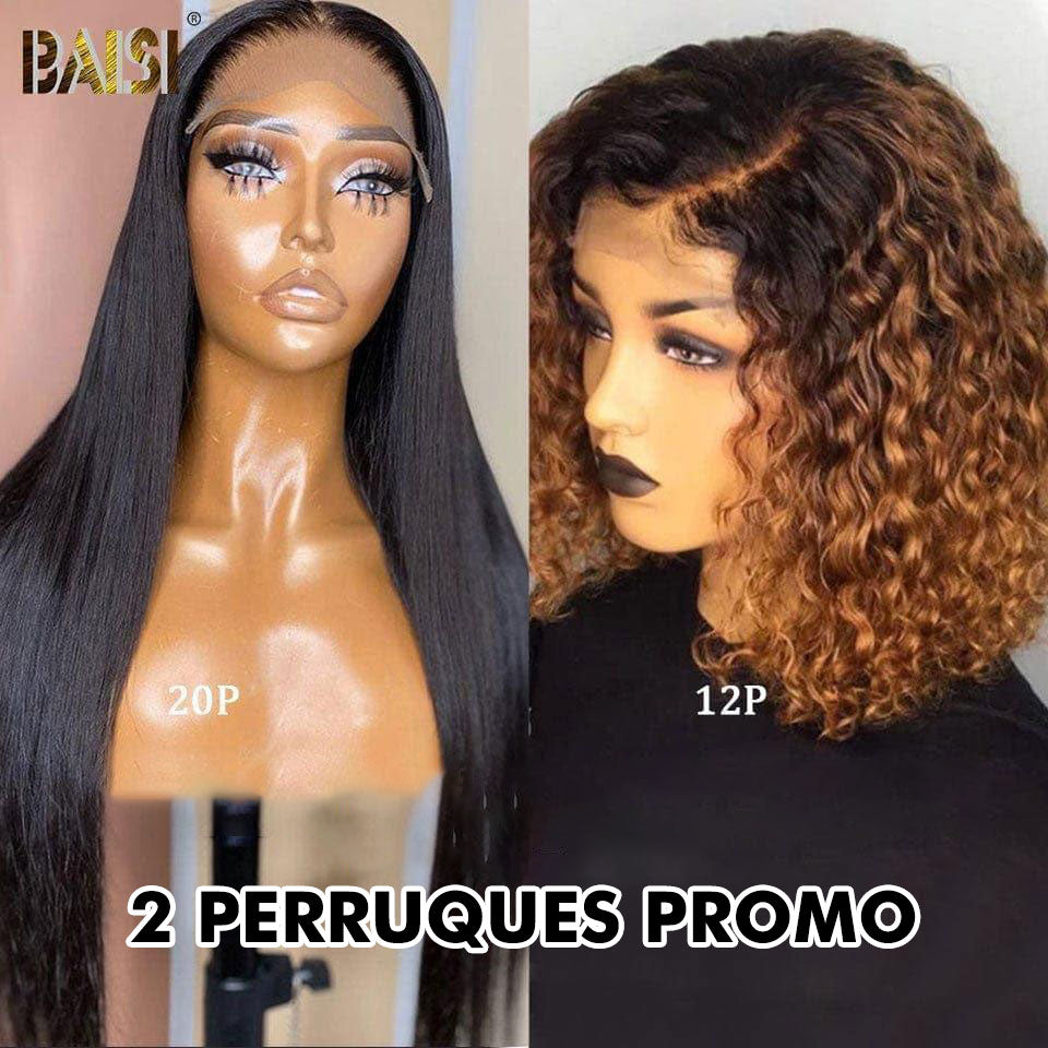 BAISI 2 perruques promo Lisse 13X4 lace 4#27# et 4X4 lace 99J# lOT DE LA PERRUQUE ASHLEY COUPE BOUCLE MARRON PLUS CLOSURE PERRUQUE LISSE EN COULEUR NATURELLE