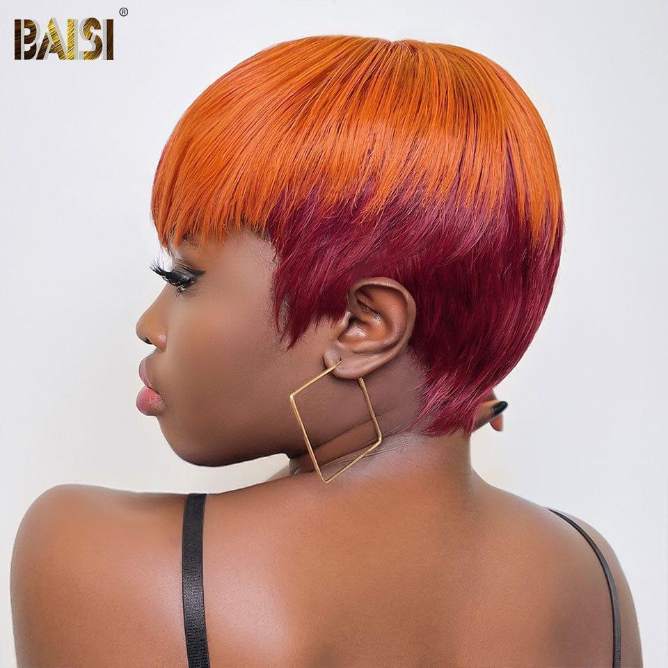 BAISI Peruca Pixie Liso, correspondência especial de cores, em castanho 1BT4# ou mistura laranja/vermelho Bordeaux 99J, em 100% cabelo humano