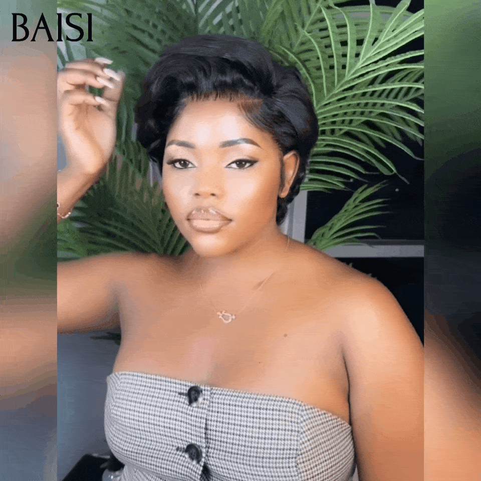 BAISI Offre Flash 13x4 Perruque Pixie boucles en mixte miel ou Noir Moitié Prix 50€ 200% densité Orange Pixie Coupe Pré-plucked 100% Cheveux Humains MP50