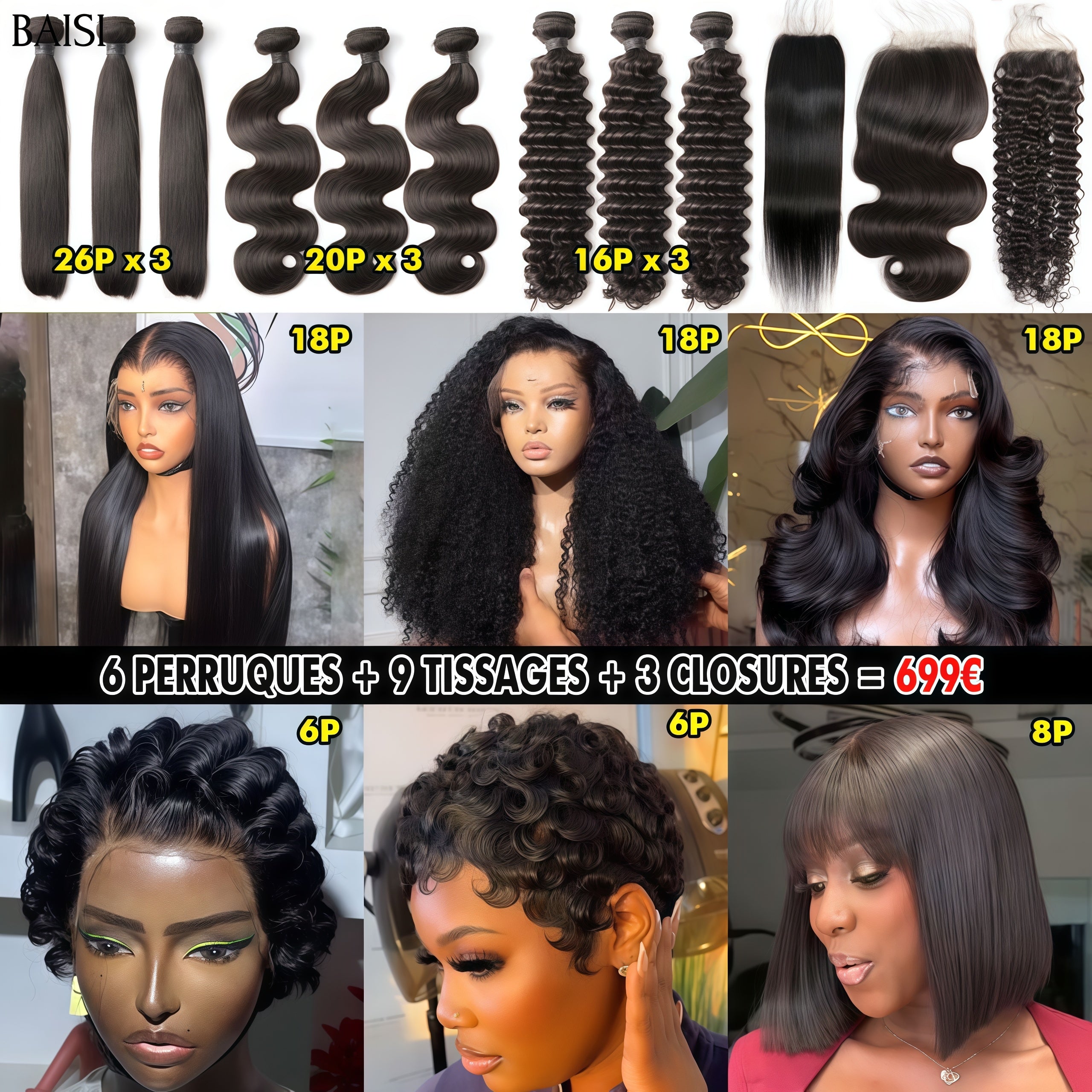 BAISI Vente En Gros Lot De 6 Perruques 9 Tissages 3 Closures Abordable 699 Euro En 100% Cheveux Humains