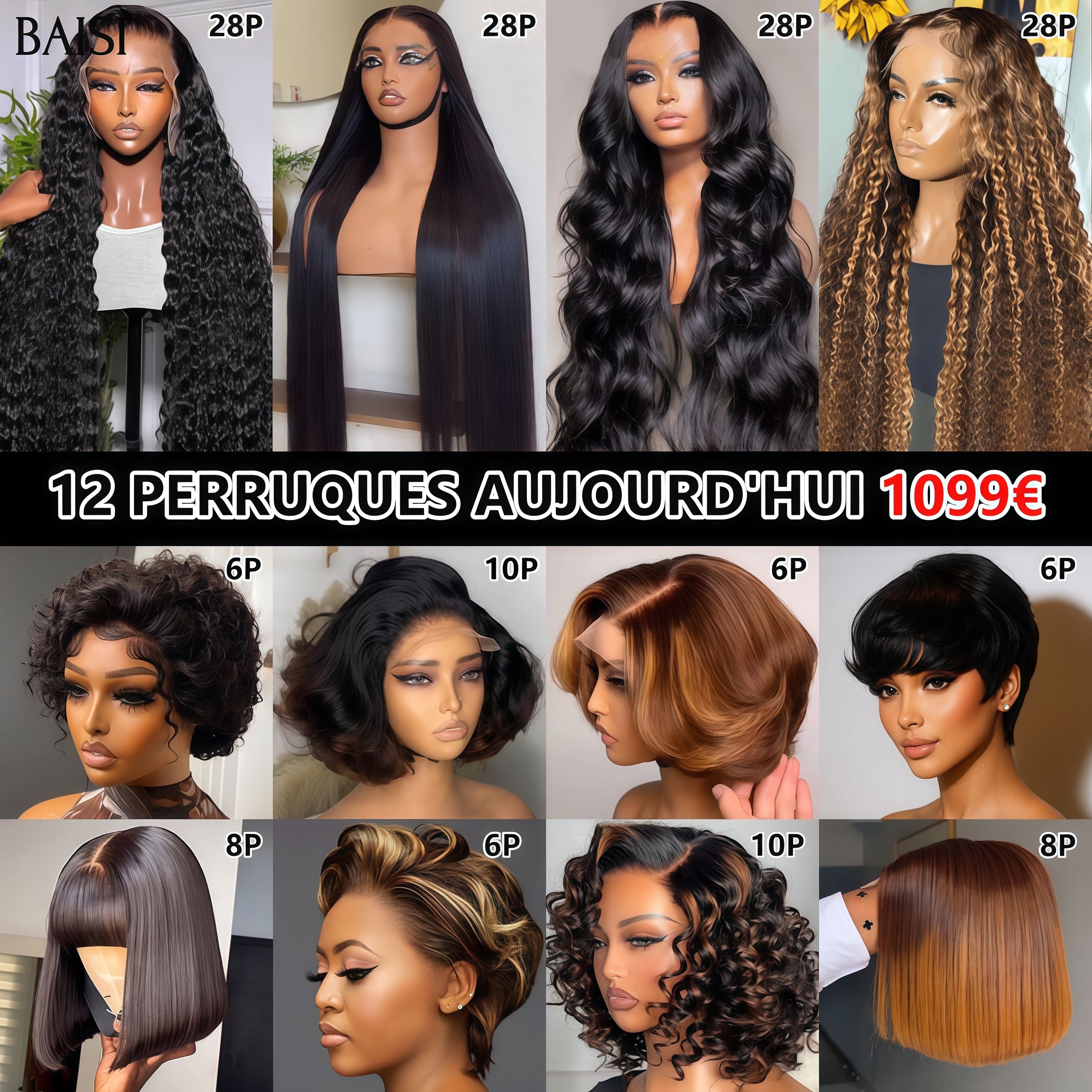 BAISI Lot De 12 Perruques Abordable 1099 Euro En 100% Cheveux Humains FR40