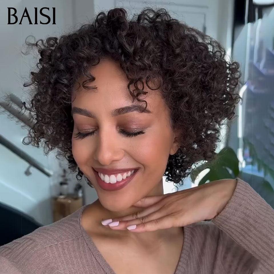 BAISI Perruque pixie sans lace Lisse 35€ ou Bouclée Water Wave Fabriqué à la Machine 10 Pouces 68€ en 100% Cheveux humains