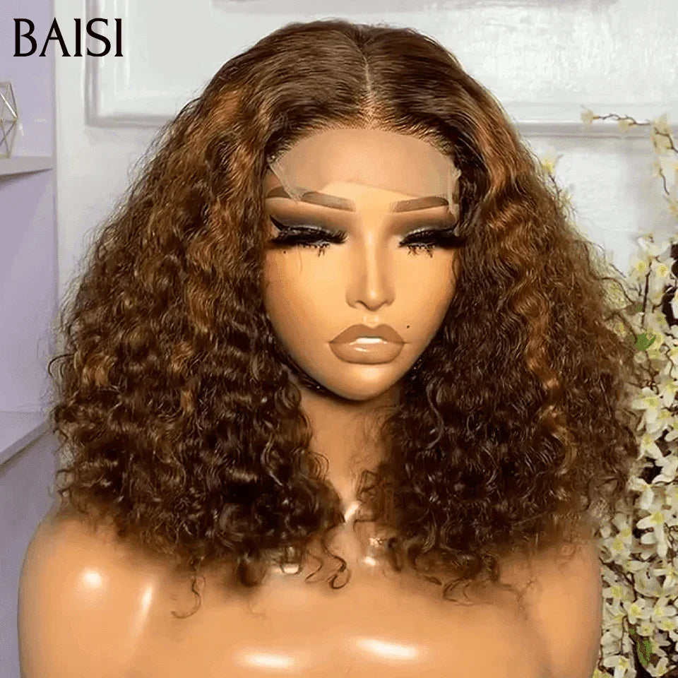 BAISI Grand SOLDES Volume 250% densité 12 Pouces Couleur 4#Mix30# Lace 4X4 Perruques de Luxe curly Wave double drawn mèches vièges en 100% Cheveux Humains