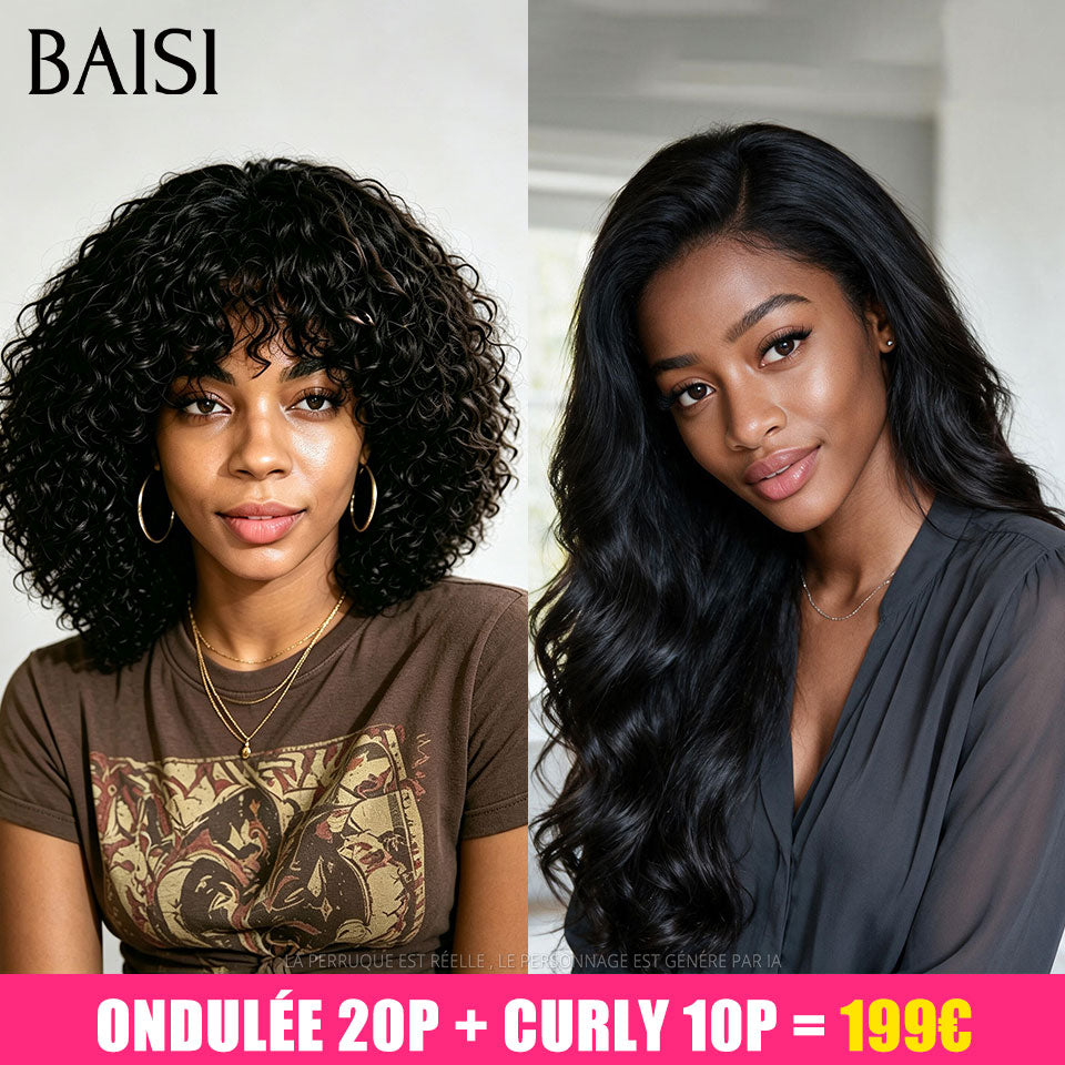 BAISI Lot 2 Perruques PROMO en France Ondulée 20P + Curly Avec Frange 10P 199€ Couleur Noir Pratique Au Quotidien en 100% Cheveux Humains Reçu 48H TVA 0€
