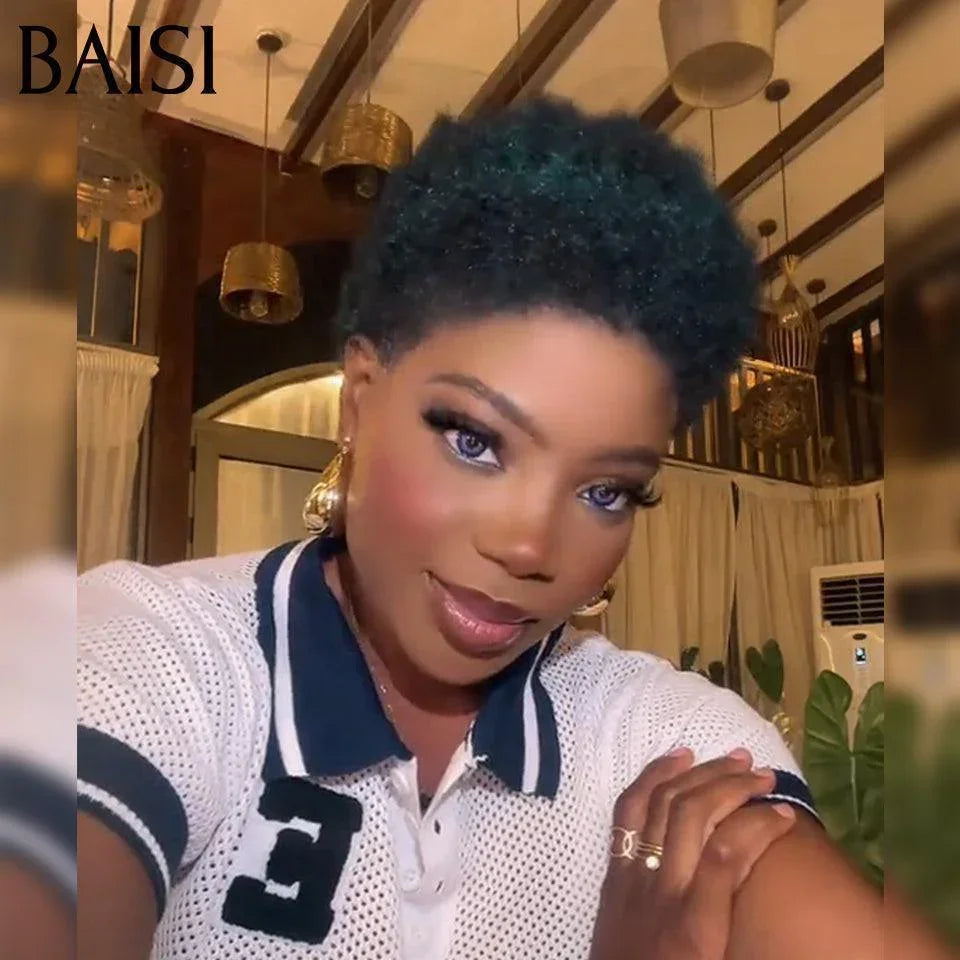 BAISI Perruque Pixie Afro Curl 13x4 lace frontal bouclé partout Noir en 100% cheveux humains F-905