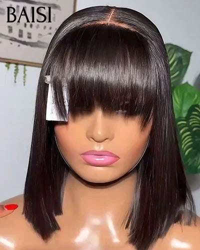BAISI PROMO 66€ Perruque 2X4 lace Bob Lisse avec Frange 8 Pouces en Noir en 100% Cheveux Humains BS30