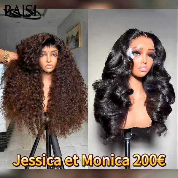 BAISI 2 Perruques 200€ Jessica deep wave en marron et Monica body wave en noir en 100% Cheveux Humains