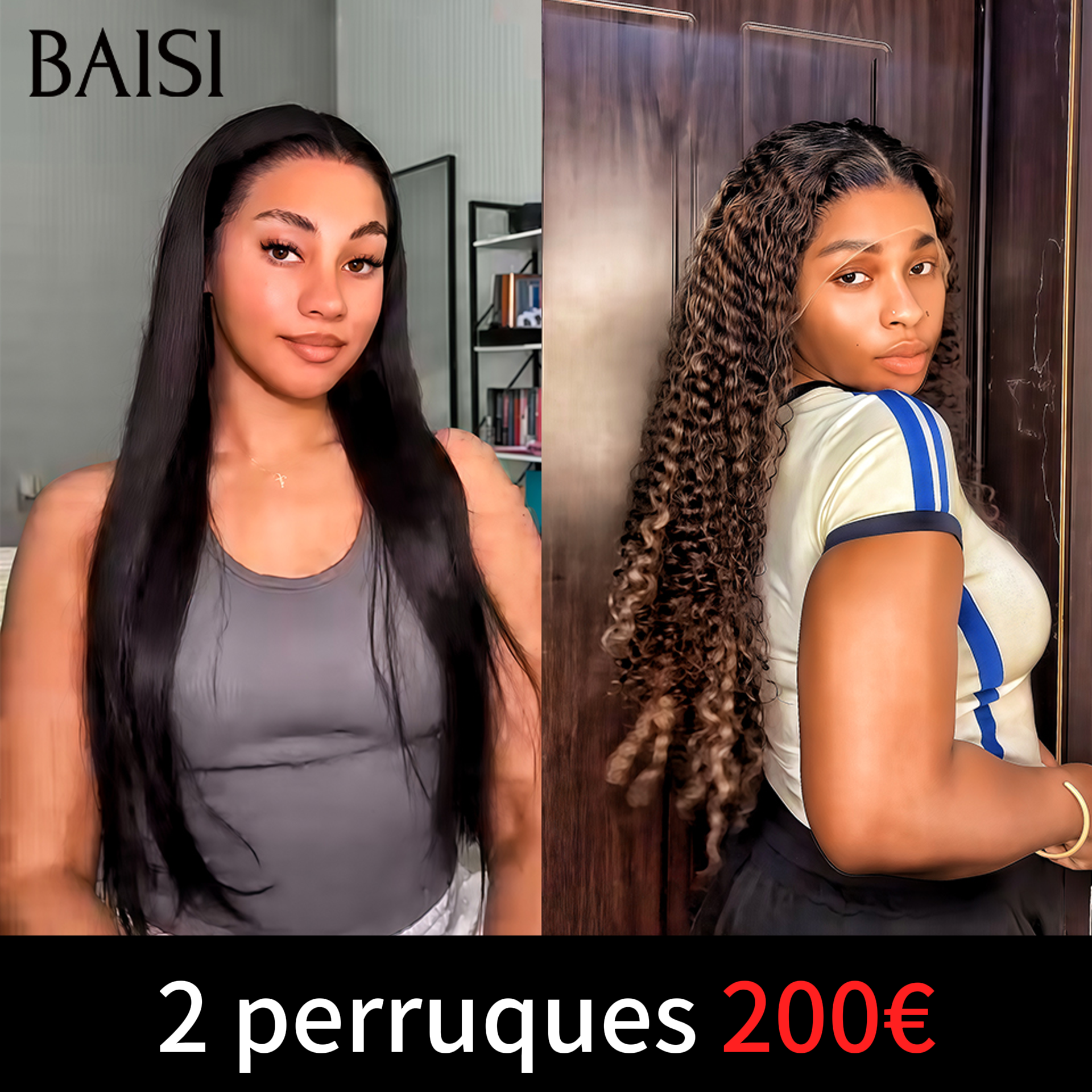 BAISI LOT DE LA BLACK FRIDAY Promo 2 Perruques 200€ en Prix en Gros lace frontal Lisse et curly wave 100% vrais cheveux humains
