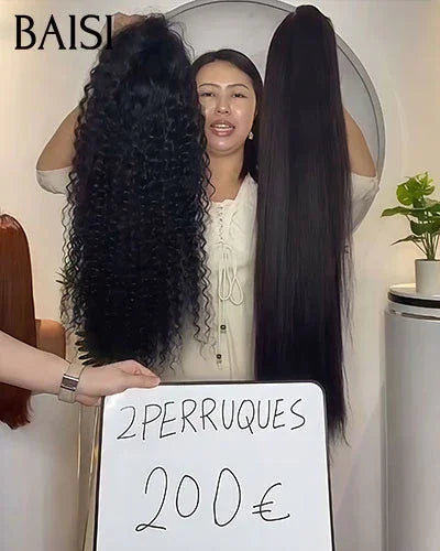 BAISI 2 perruques Flash Offer PROMOTION Vente en gros 13X4 lace 24 Pouces curly wave et lisse NOIR en 100% vrais cheveux humains FR38