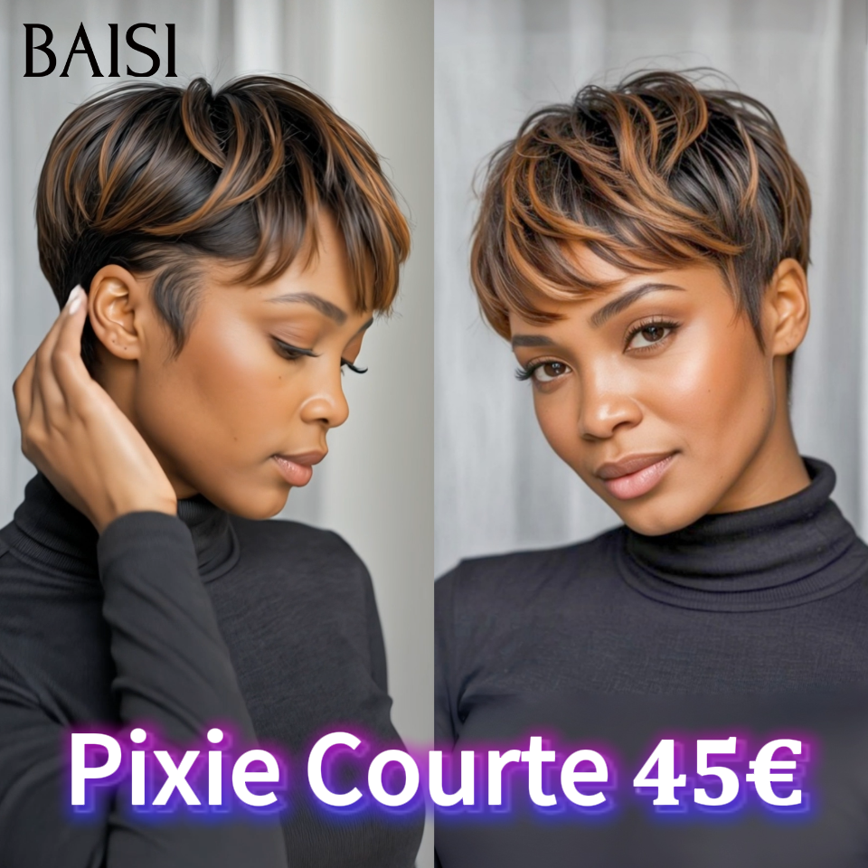 BAISI Perruque Pixie Lisse petite coupe fabriqué à la machine moitié prix 45€ en couleur 1B/30# En 100% Cheveux Humains