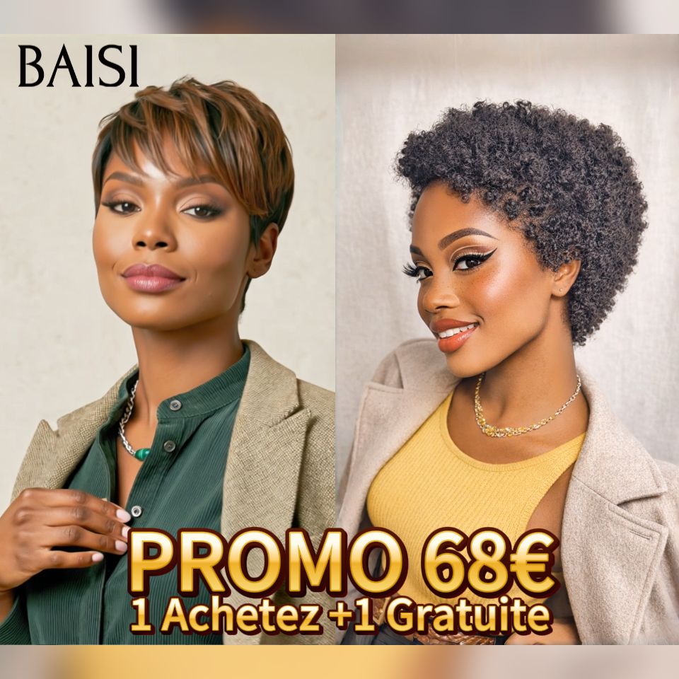 BAISI PROMO 1 Achetez +1 Gratuite 2 Perruques 68€ pixie Sans Colle en lisse en afro wave en 100% cheveux humains