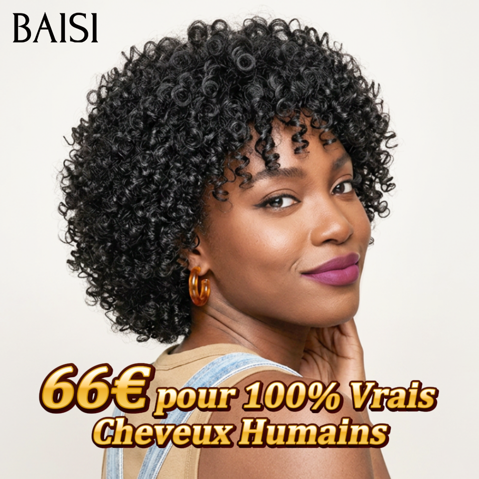 BAISI PROMO Perruque sans Colle curly Wave avec Frange en Noir 66€ en 100% vrais cheveux humains