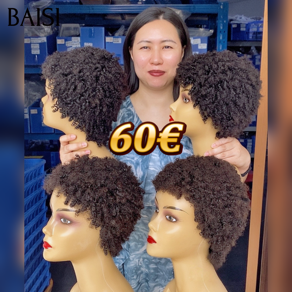Perruque Vente en gros pixie sans Colle afro curly wave 60€ en Noir 1B# en 100% Cheveux Humains