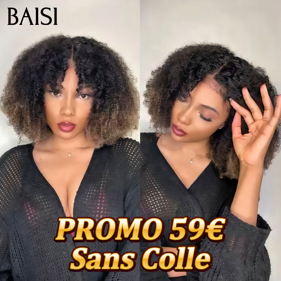 BAISI PROMO Perruque sans lace sans colle curly Wave avec Frange en 1BT27 59€ en 2*6 lace frontal Vietnam Hair 169€ en 100% vrais cheveux humains