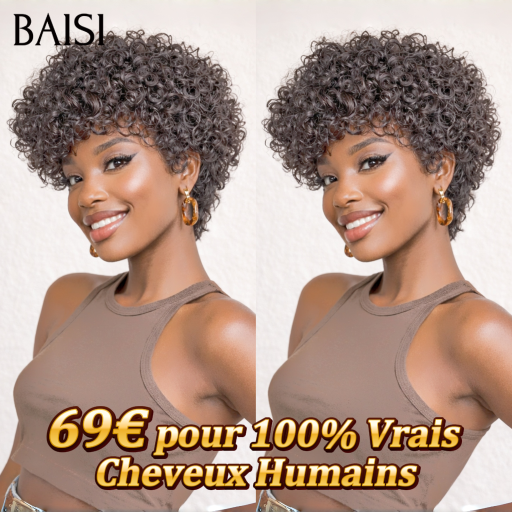 BAISI Perruque Pixie 69€ curly wave en Couleur Noir Respirant et confortable en 100% Cheveux Humains