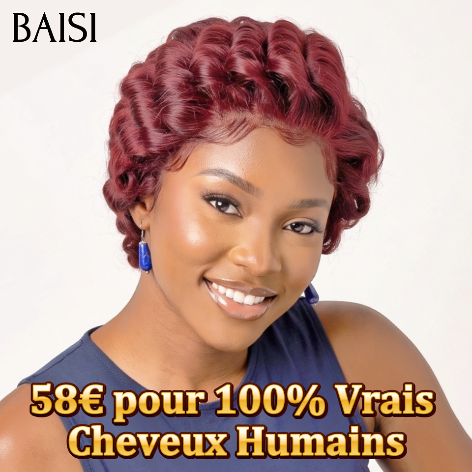 BAISI Perruque Pixie Finger Wave Moitié Prix petite coupe 58€ Bordeaux 99J# En 100% Vrais Cheveux Humains MP50