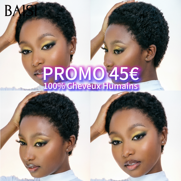 BAISI pixie afro curly perruque noir sans colle 45€ ou 905# avec frontal 69€ en 100% Cheveux Humains