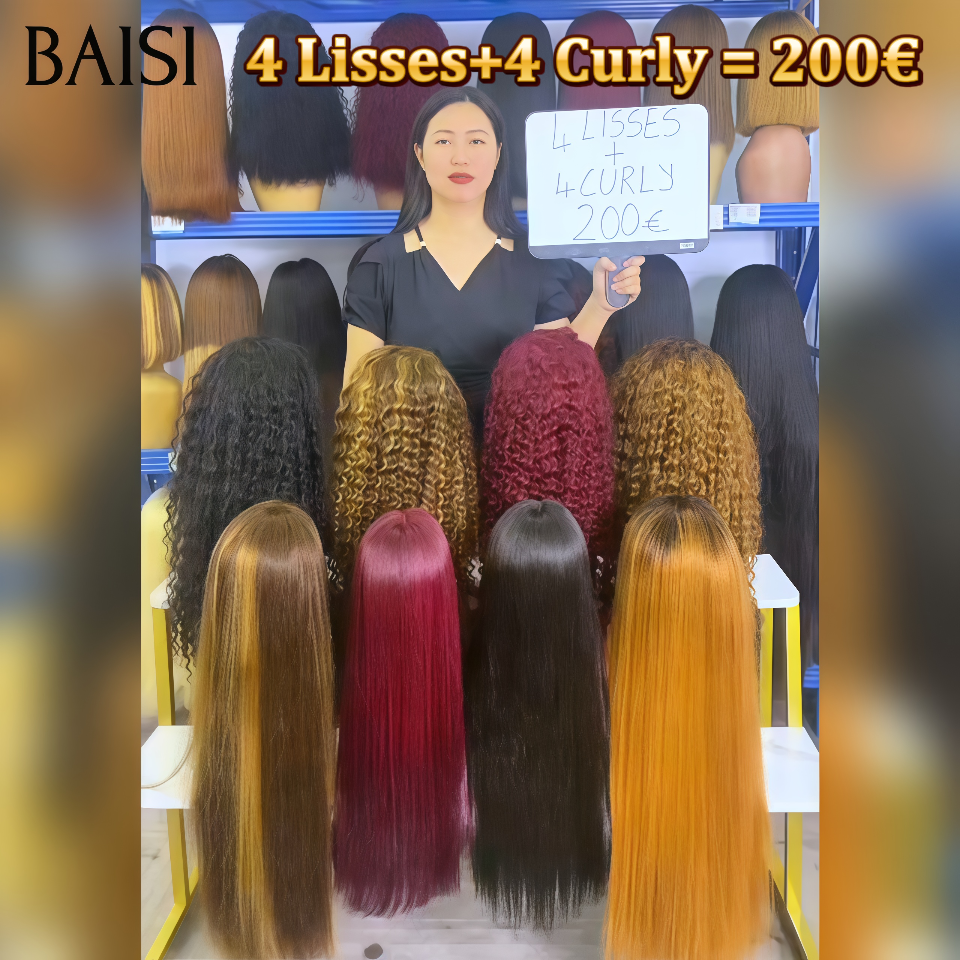BAISI PROMO 8 perruques(4 lisses 24p + 4 curly 24p) 200€ différentes promotion pour revendre depuis l'usine soldes blended humains hair sans retour