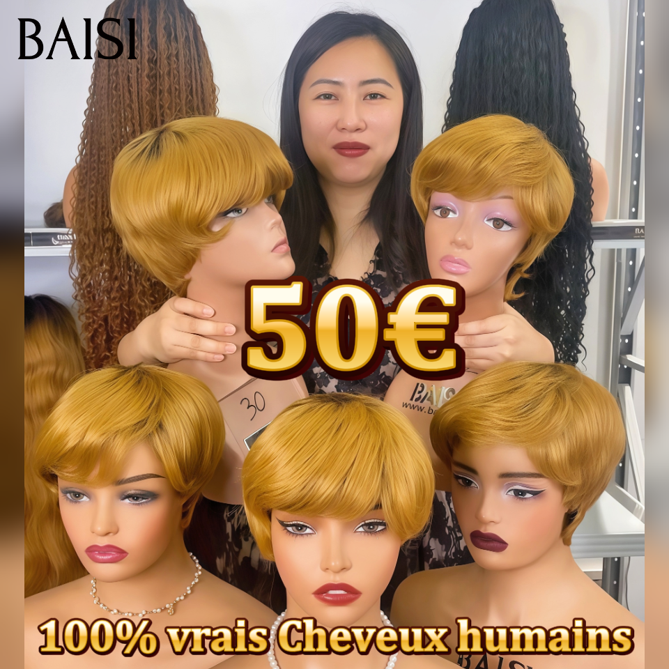 BAISI Grande Promo perruques 50€ pixie coupe fabriqué à la machine en couleur Miel Respirant et confortable En 100% Cheveux Humains
