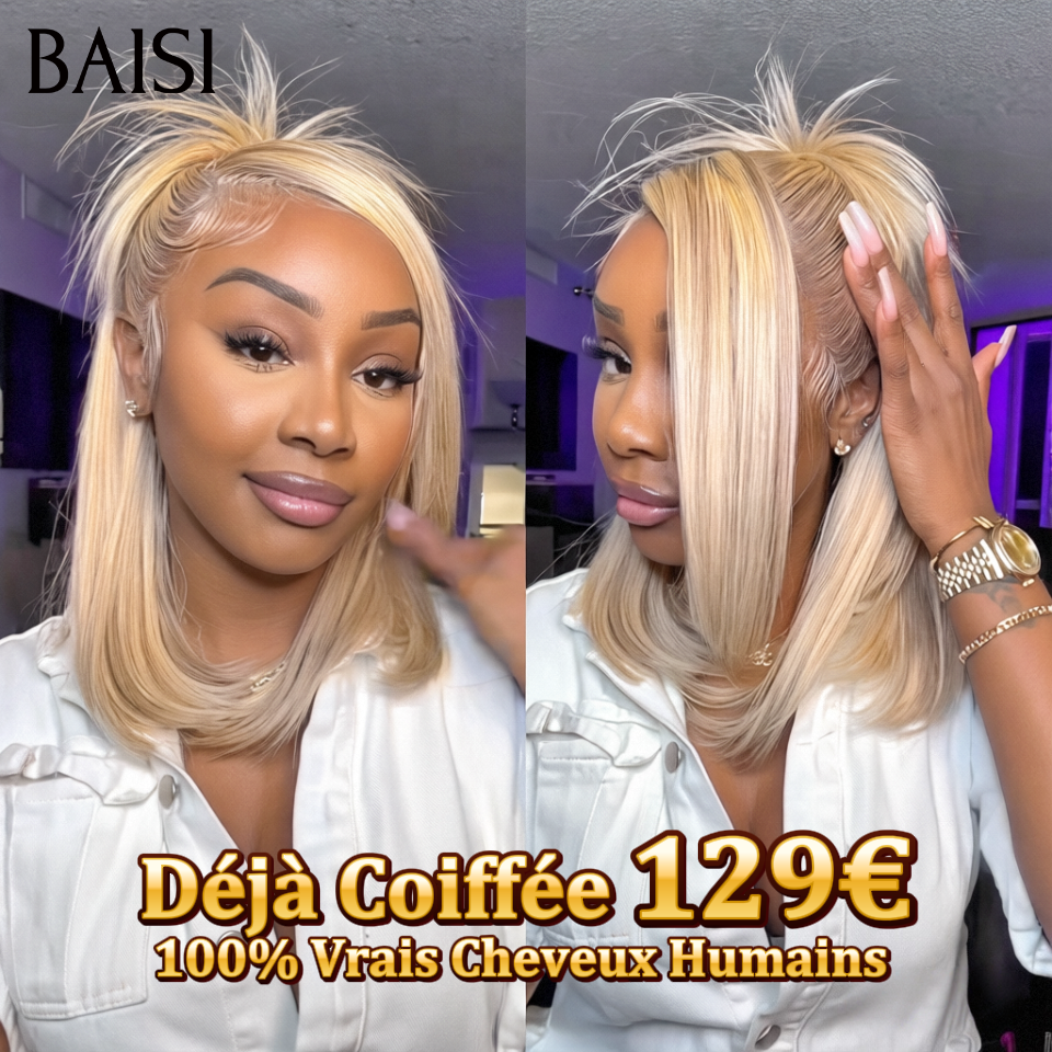 BAISI Style tendance doux et cool Updo Perruque BOB Déjà Coiffée frontal Perruque 12 pouce 129€ avec coiffure chignon en 100% Vrais Cheveux Humains