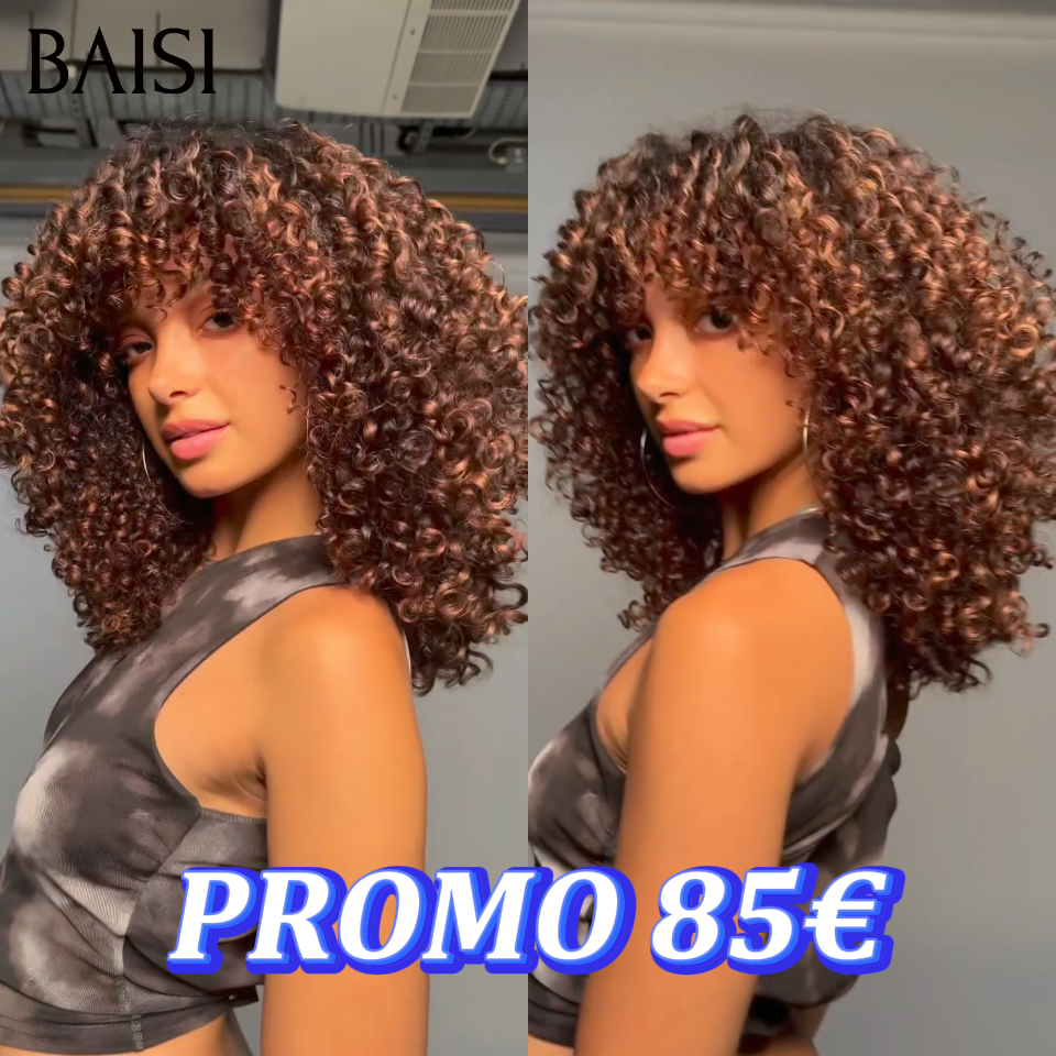 BAISI perruque duveteuse et respirante water wave avec Frange 12 Pouces Seulement 85€ ou 400% Volume 18 pouce perruque 189€ en couleur Marron mixte miel en 100% Cheveux Humains