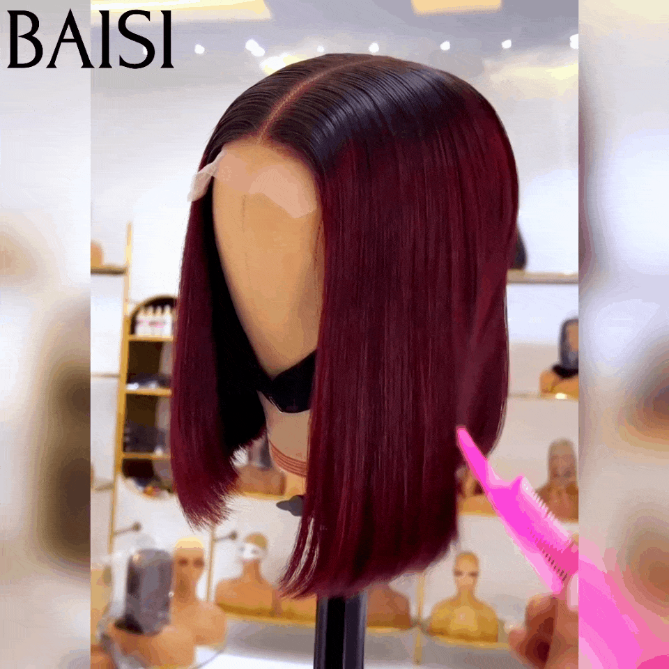 BAISI 2X6 Perruques de Luxe Haute Qualité Viêtnam Hair Lisse BOB en Couleur Bordeaux avec racine noir 1BT99J# en 100% Cheveux Humains