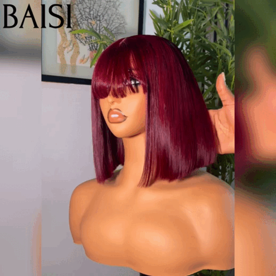 BAISI Oferta Flash 75€ 15A SDD Cabelo liso BONE STRAIGHT 300% densidade, bob liso com franja, cor 99J Bordeaux, perucas de luxo 100% cabelo vietnamita A1, feitas com cabelo double drawn, sem lace e sem cola