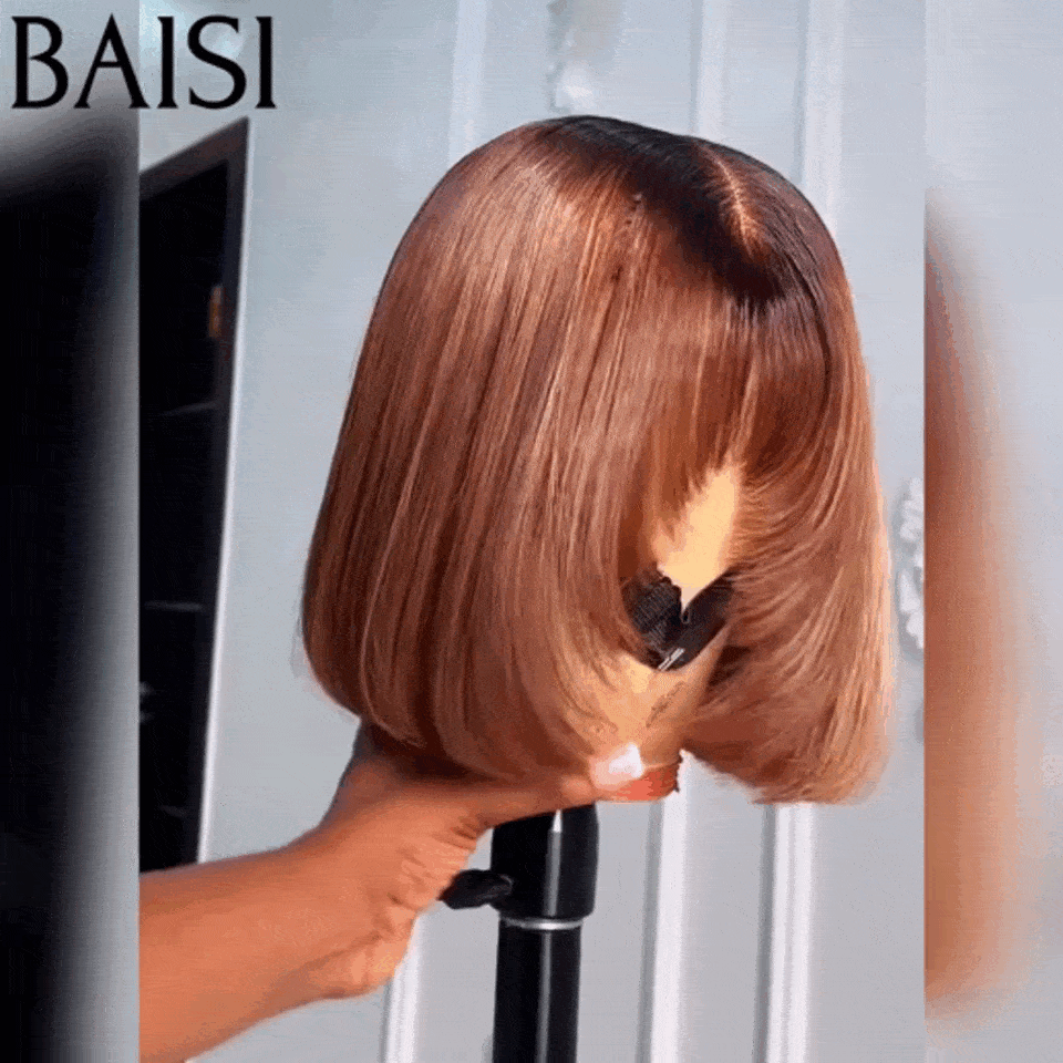 BAISI 15A sans Lace sans colle Bob lisse Avec Frange Perruques de Luxe 100% Vietnam Hair SDD BONE STRAIGHT Couleur T#4 mixte #27 300% densité A1 Fabriquées par les cheveux double drawn