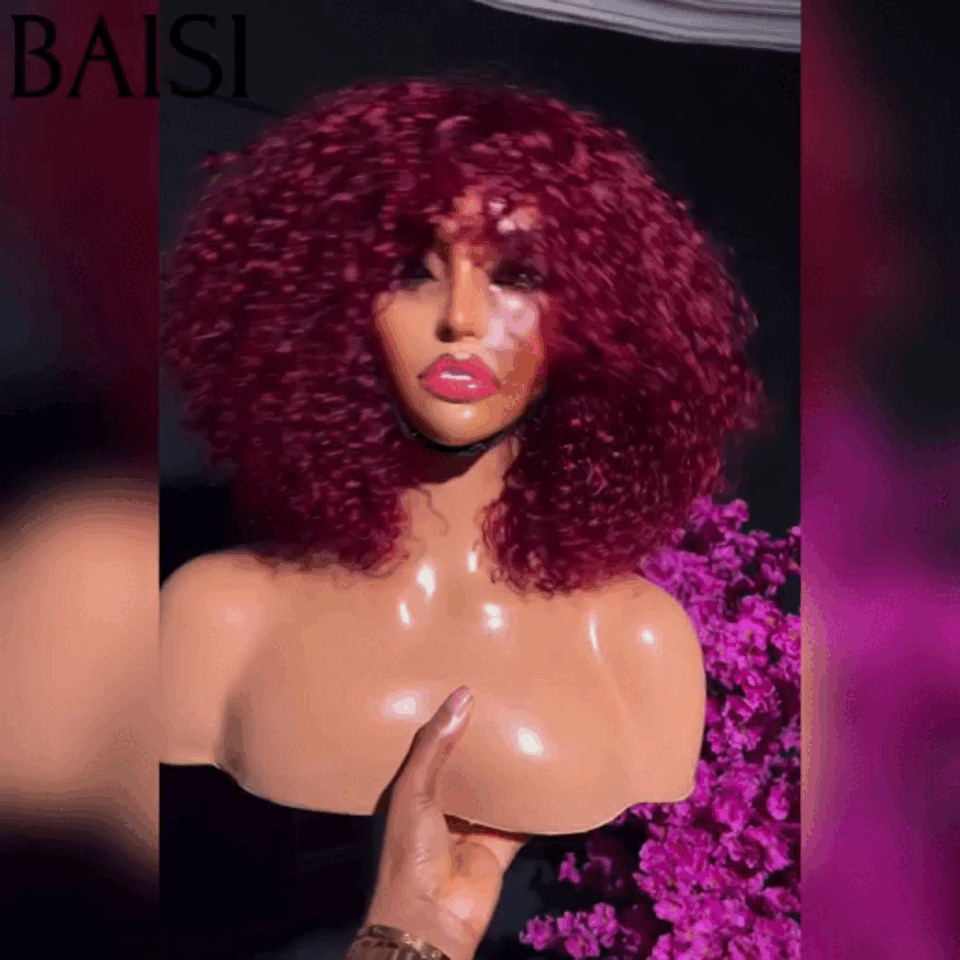 BAISI Peruca Encaracolada Curly Wave com Franja em Vermelho Borgonha #99J