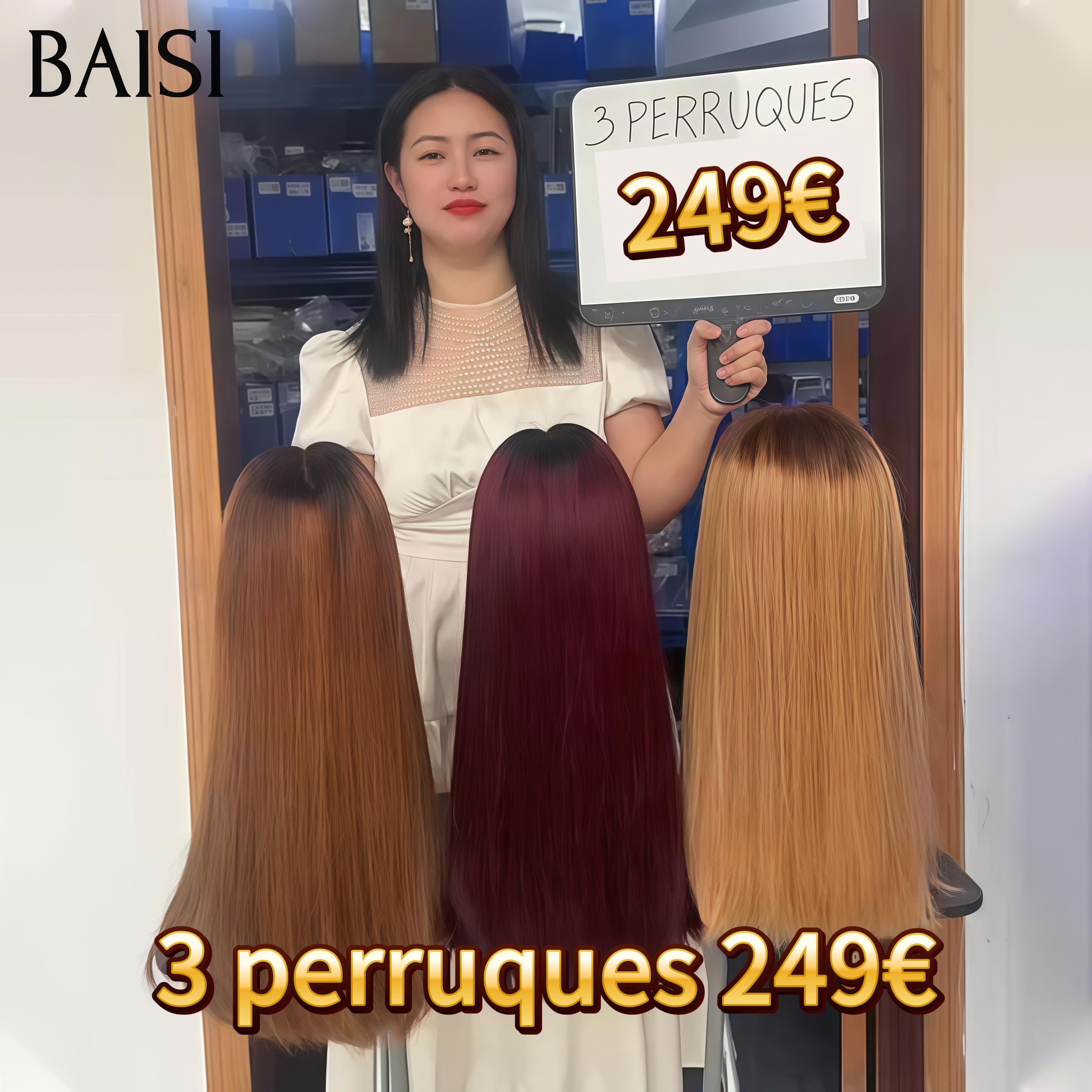 BAISI Promo 3 pour 249€ Black Friday lace frontal 13x4 Perruque Lisse 18 Pouces en 3 couleurs en 100% Cheveux Humains