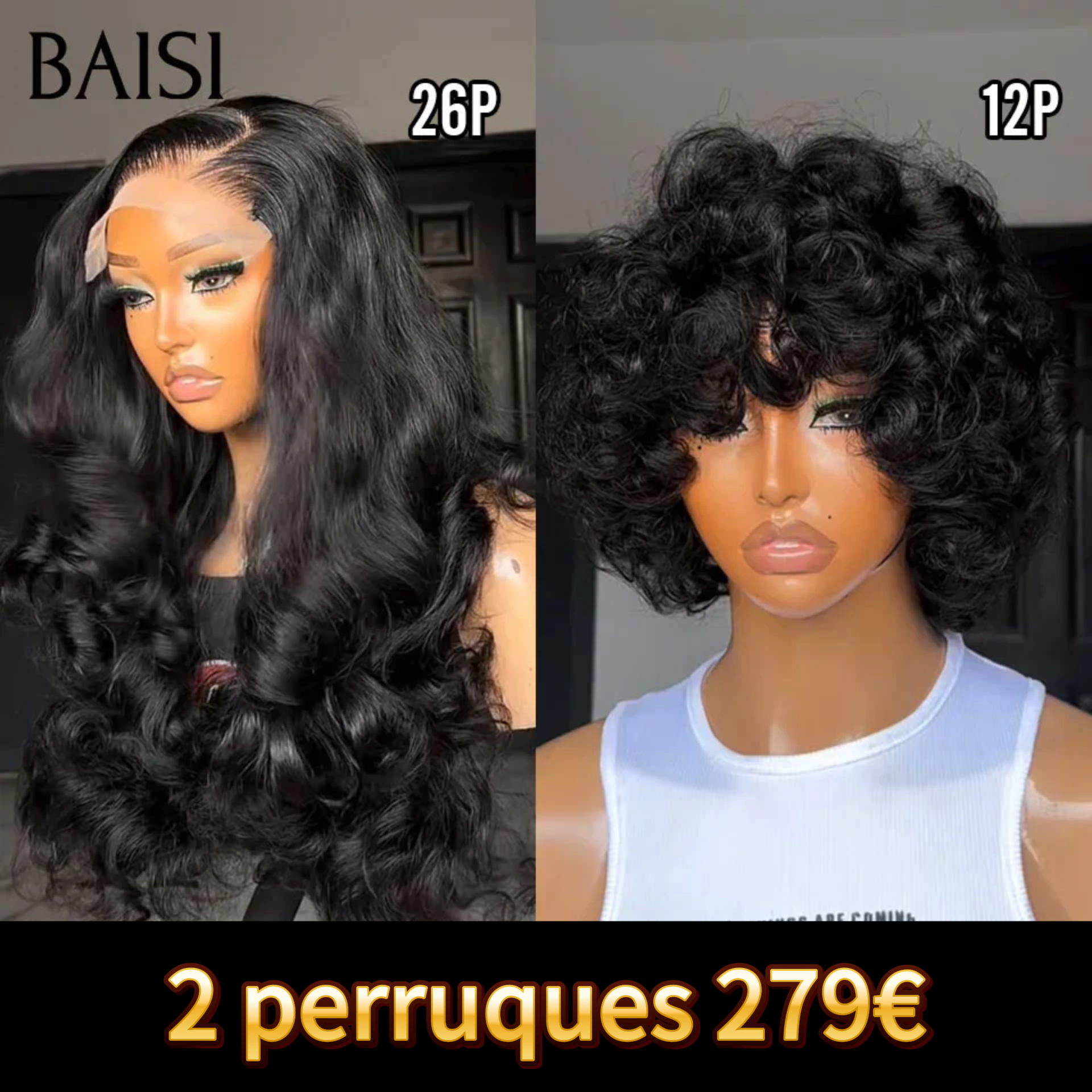 BAISI 2 perruques 80€ 13X4 lace frontal pixie curly en couleur Marron et Mixte ou 1 Acheté + 1 Gratuit 279€ 4X4 pour revendre body wave 26 pouces et sans lace egg wave avec franage 12Pouces 200% densité en 100% vrais cheveux humains BS65