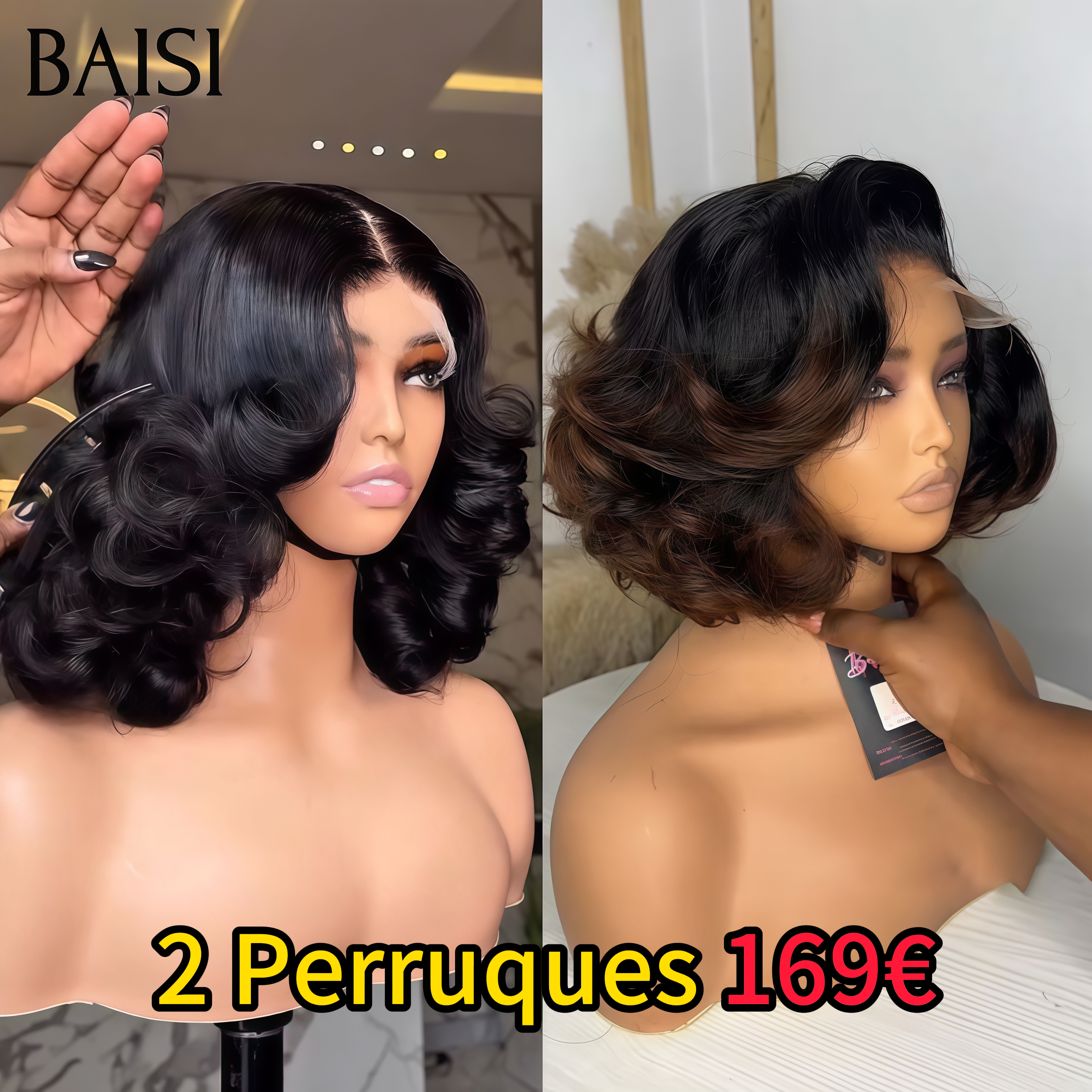 BAISI venda flash 2 perucas 169€ 5x5 closure lace egg wave PRETO e Castanho 1B4# em 100% cabelo humano verdadeiro FR38