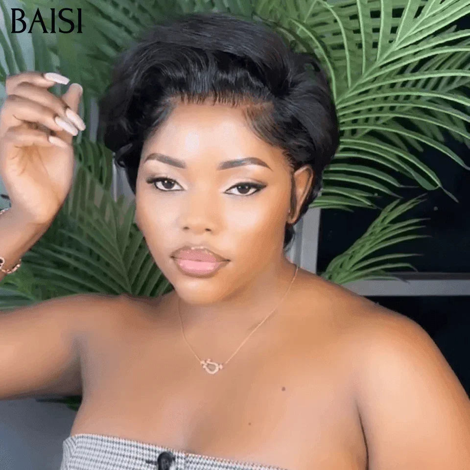 BAISI Offre Flash 13x4 Perruque Pixie boucles en mixte miel ou Noir Moitié Prix 50€ 200% densité Orange Pixie Coupe Pré-plucked 100% Cheveux Humains MP50